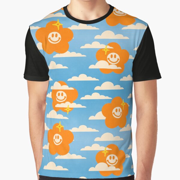 Cute Retro Flower Smiley Faces on the sky with clouds around pattern design \ By tartagain Graphic T-Shirt