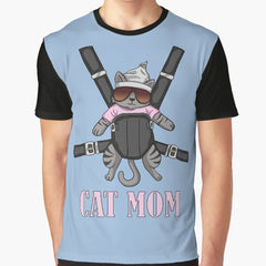 Baby Pink Striped Gray Cat Mom Graphic T-Shirt