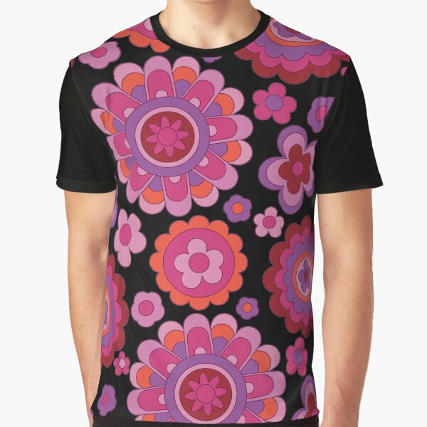 Retro Flower Pattern Pink and Red Flower Print Hippie Chic Graphic T-Shirt