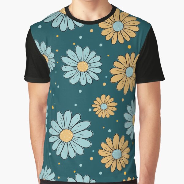 Retro Groovy Teal and Yellow Daisy Pattern Graphic T-Shirt