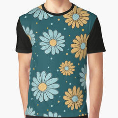 Retro Groovy Teal and Yellow Daisy Pattern Graphic T-Shirt