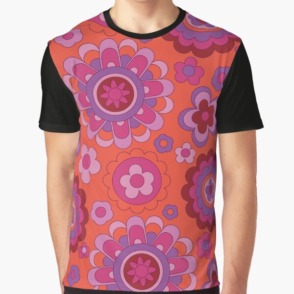 Retro Flower Pattern Pink and Orange Flower Print Hippie Chic Graphic T-Shirt