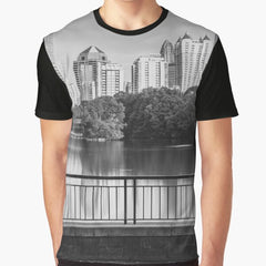 Atlanta Midtown Reflection From Piedmont Park - Black And White Graphic T-Shirt