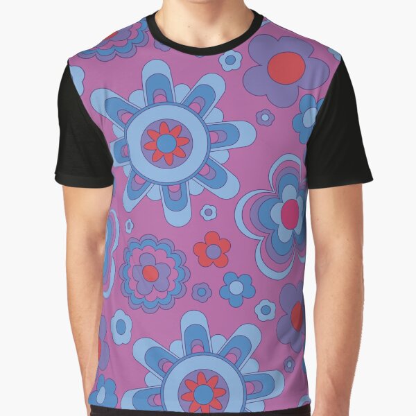 Retro Flower Pattern Blue and Purple Flower Print Hippie Chic Graphic T-Shirt