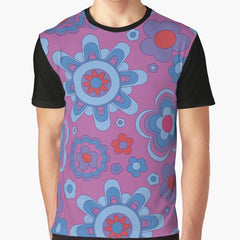 Retro Flower Pattern Blue and Purple Flower Print Hippie Chic Graphic T-Shirt