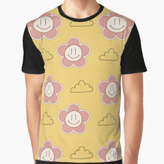 Yellow and Pink Smiley Flowers and clouds retro style Graphic T-Shirt