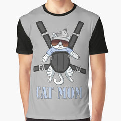 Baby Blue Striped White Cat Mom Graphic T-Shirt