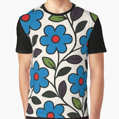 Bold Blue Floral Pattern with Red Centers Graphic T-Shirt