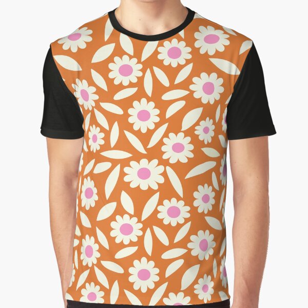 Retro 70s Hippie Daisy Flowers Pattern on Orange Graphic T-Shirt