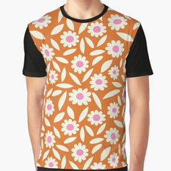 Retro 70s Hippie Daisy Flowers Pattern on Orange Graphic T-Shirt