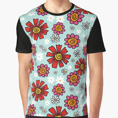 Retro Flower Power Floral Pattern Blue Graphic T-Shirt