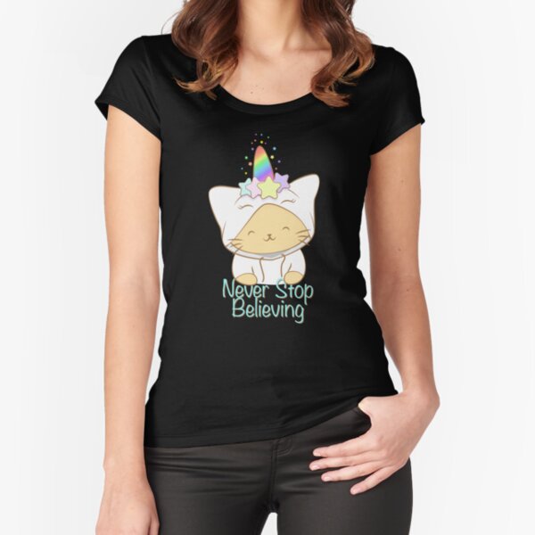 Caticorn the Unicorn Cat in Hoodie - Never Stop Believing (in Magic) Fitted Scoop T-Shirt