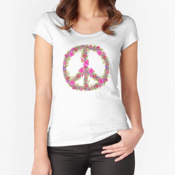 A 1960s Flower Power Floral Peace Sign Fitted Scoop T-Shirt
