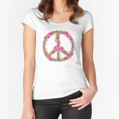 A 1960s Flower Power Floral Peace Sign Fitted Scoop T-Shirt