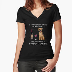 Border Terrier and wine Funny dog Fitted V-Neck T-Shirt