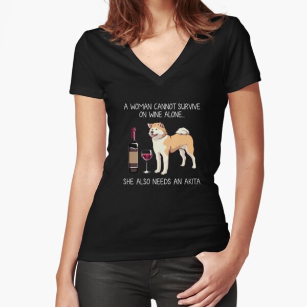 Akita And Wine Funny Dog Fitted V Neck T Shirt