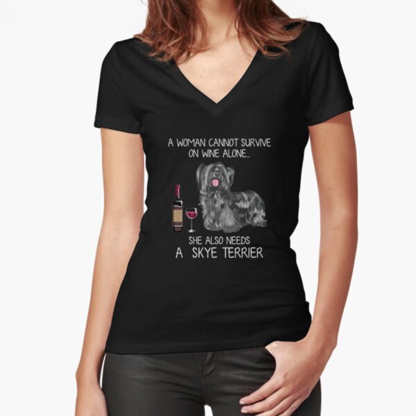 Skye Terrier and wine Funny dog Fitted V-Neck T-Shirt