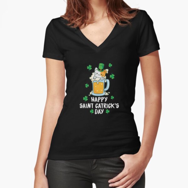 Happy Saint Catricks Day Funny Cat and Beer Fitted V-Neck T-Shirt