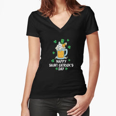 Happy Saint Catricks Day Funny Cat and Beer Fitted V-Neck T-Shirt