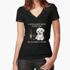 Maltese and wine Funny dog Fitted V-Neck T-Shirt