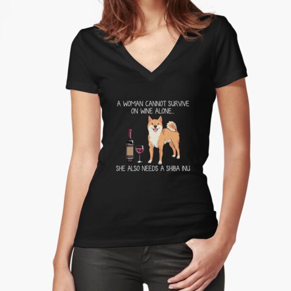 Shiba Inu and wine Funny dog Fitted V-Neck T-Shirt