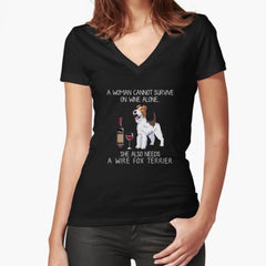 Wire Fox Terrier and wine Funny dog Fitted V-Neck T-Shirt