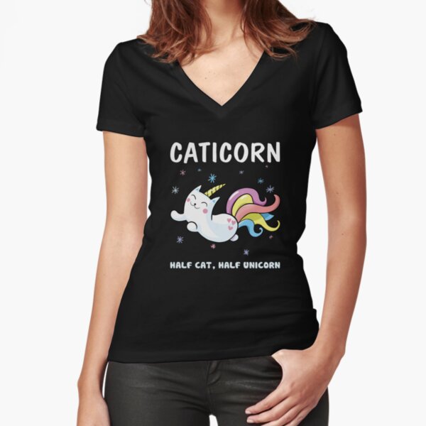 Funny Catticorn Half Cat Half Unicorn Fitted V-Neck T-Shirt