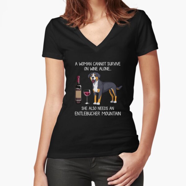 Entlebucher Mountain and wine Funny dog Fitted V-Neck T-Shirt