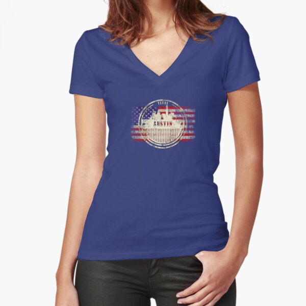 Austin Texas City silhouette with US flag Fitted V-Neck T-Shirt