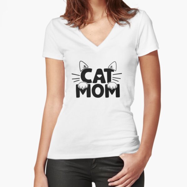 Mom- Women Cat Mama - Pet Lover Gifts - Funny Cat Face Fitted V-Neck T-Shirt