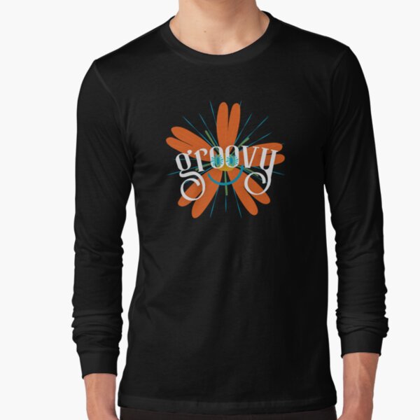 Groovy Orange Flower with Smiley Face Design with Aqua Face for retro lovers, and cool people Long Sleeve T-Shirt