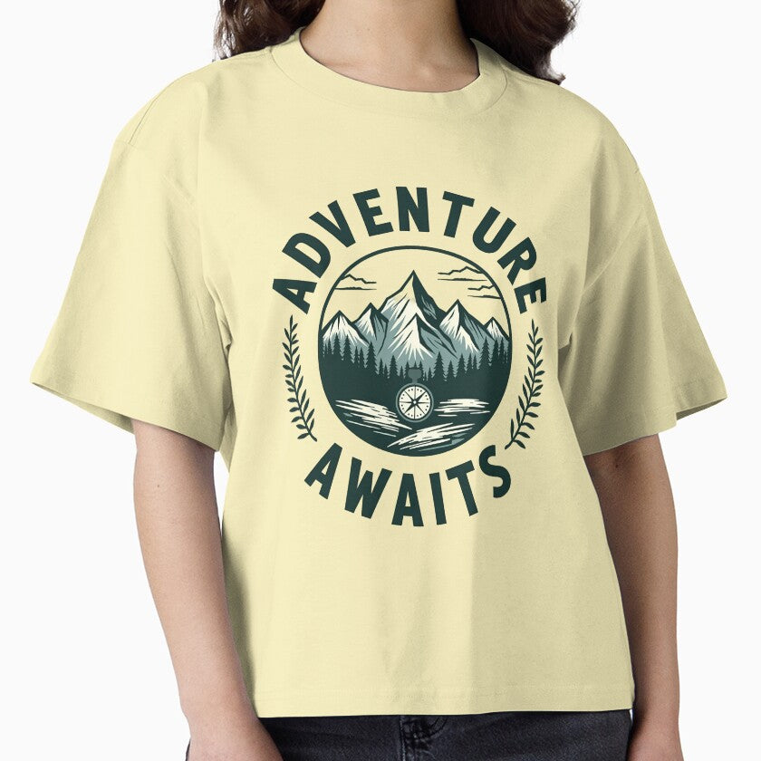Adventure Awaits Mountain Nature Compass Hiking Design Boxy T Shirt