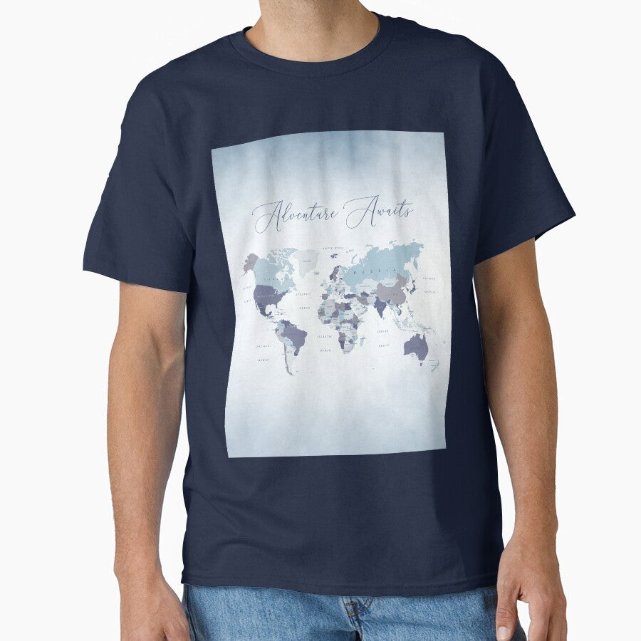 Adventure Awaits World Map In Blue Classic T Shirt