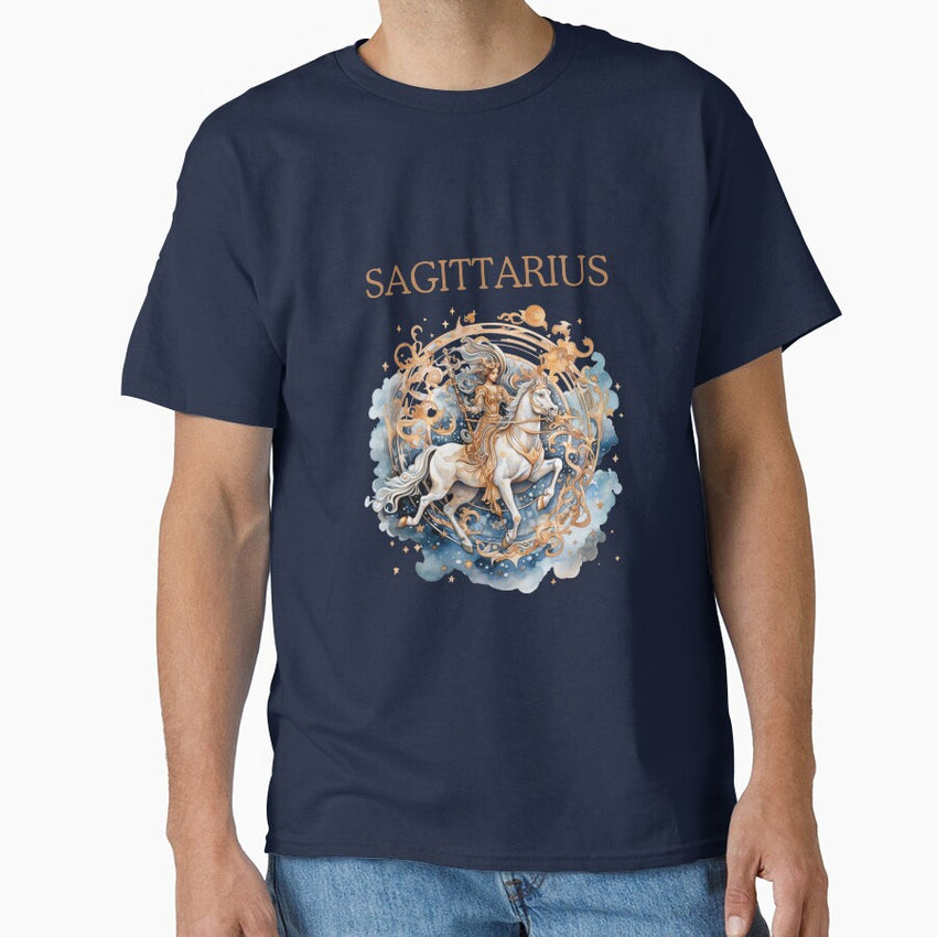 Sagittarius Zodiac- Horescope/SunSign Theme on blue back ground Classic T-Shirt