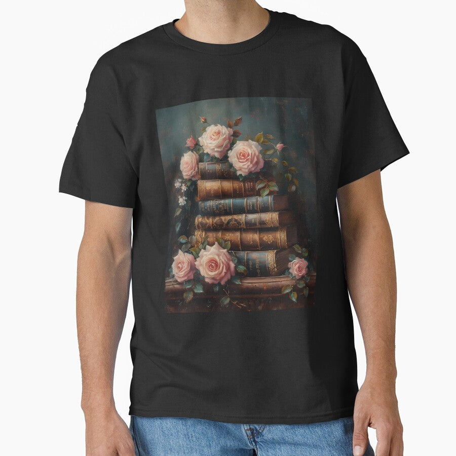 Antique Book And Pink Roses Dark Academia Oil Painting Library Biblioteque Girlie Bookish Gift For Bookworm Girl Classic T Shirt