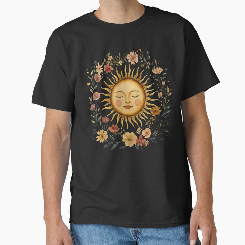 Zodiac Sun Resting in its Floral Wreath - Boho Folk Style Classic T-Shirt