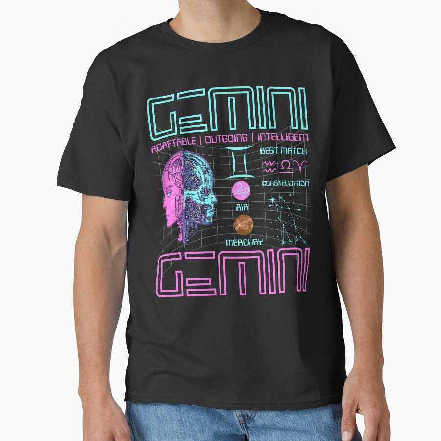 Gemini Neon Cyberpunk Zodiac | Futuristic Horoscope Print Classic T-Shirt