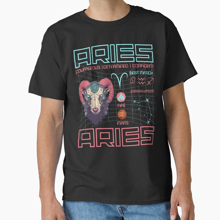 Aries Cyberpunk Zodiac Sign | Futuristic Neon Horoscope Art Classic T-Shirt
