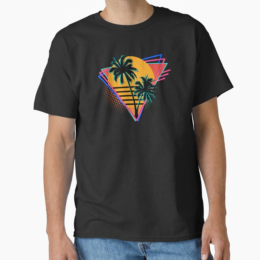80S Retro Neon Synthwave Inspired Sunset And Palm Trees Classic T Shirt
