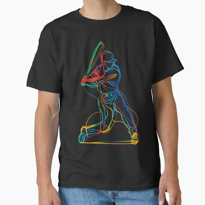 Art Colorful Line Drawing Baseball Player Classic T-Shirt