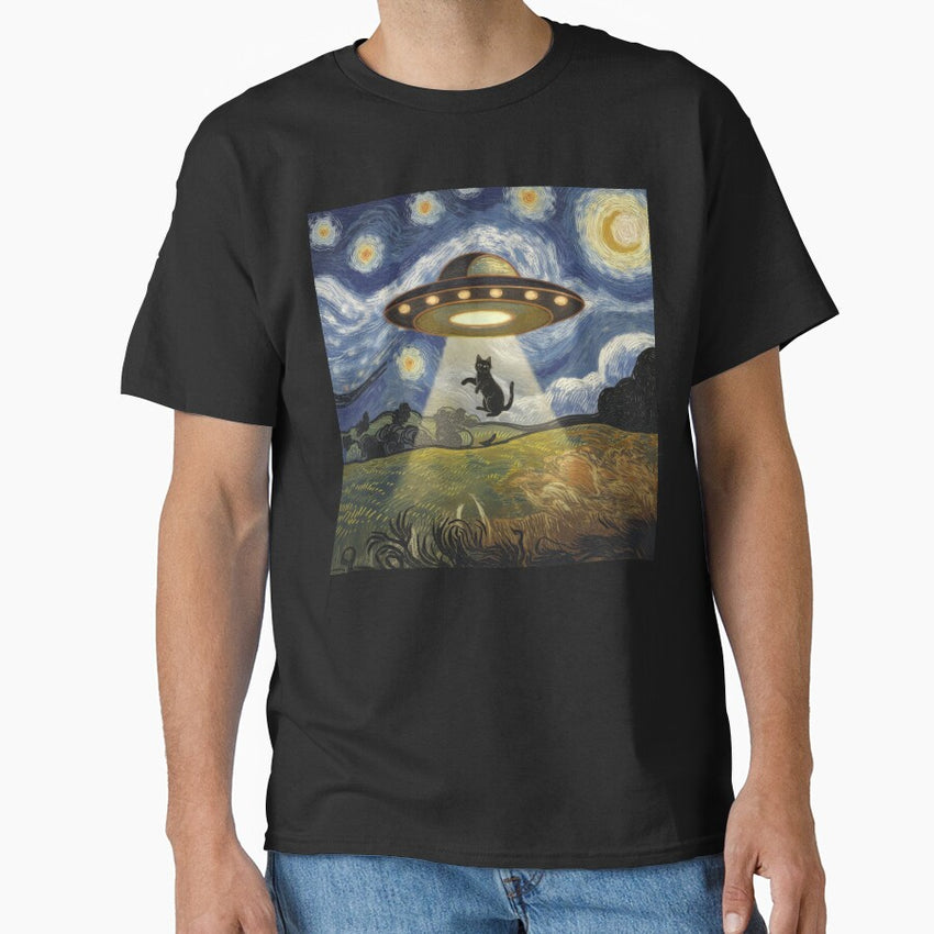 A Digital Art Piece With A Van Gogh Style Theres A Ufo With A Glowing Light Hovering Above A Field A Black Cat Is Being Lifted Into The Ufo Classic T Shirt