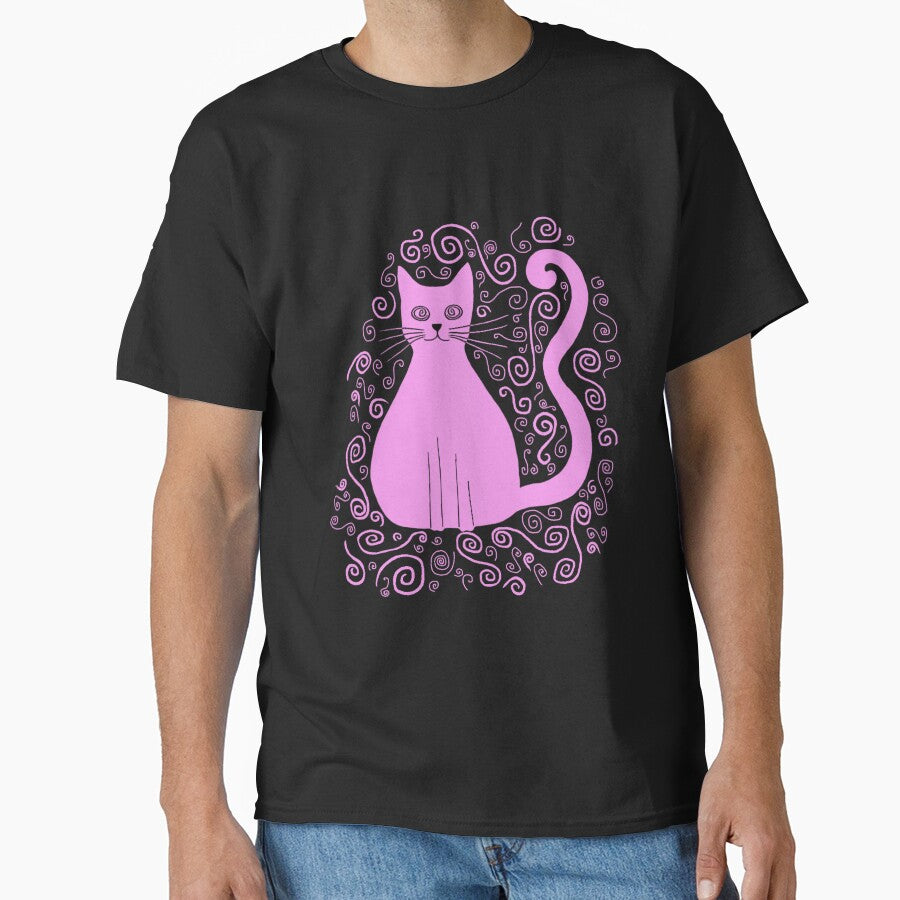 Pink Cat Illustration Pattern | Cat Art | Black Background Classic T-Shirt