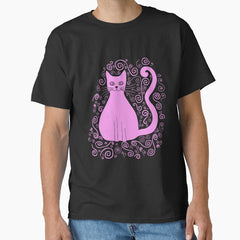 Pink Cat Illustration Pattern | Cat Art | Black Background Classic T-Shirt