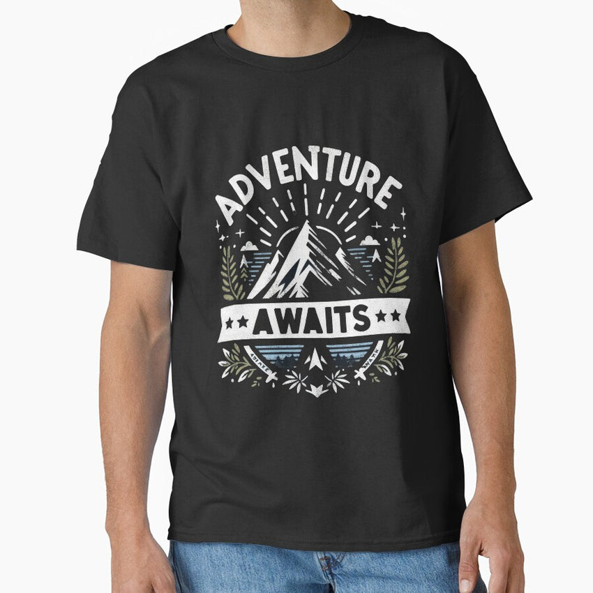 Adventure Awaits Mountain T Shirt Bold Epic Inspiring Design Classic T Shirt