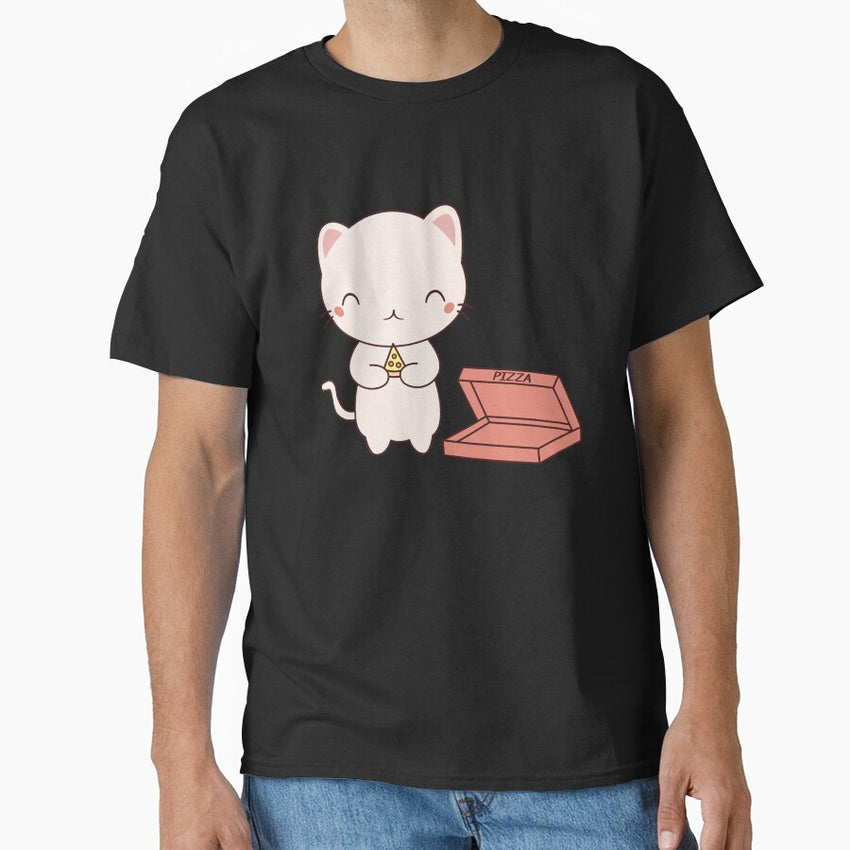 Pizza Box Kawaii White Cat Eating Pizza Classic T-Shirt