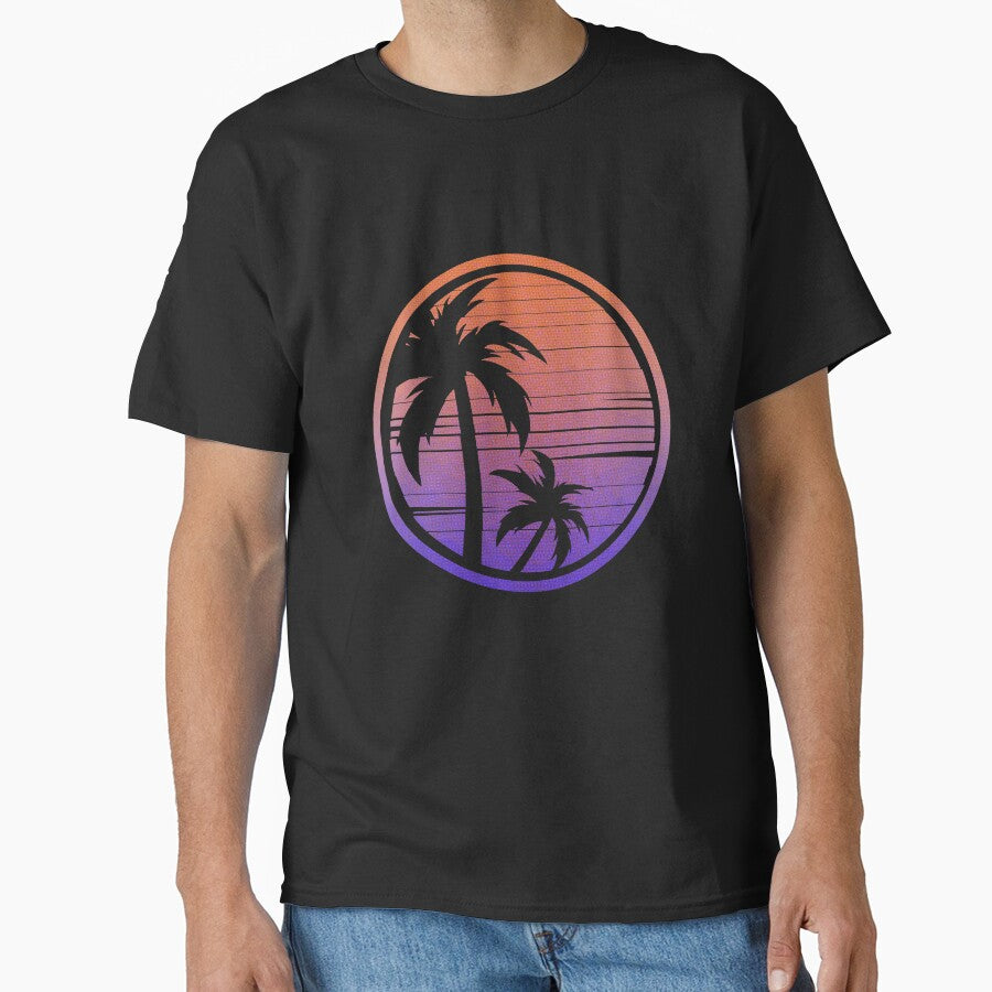 Autumn Sunset Palm Tree Silhouette Tropical Vibes Art Classic T Shirt