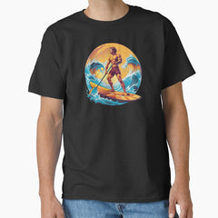 Adventure Awaits Comic Style Vector Design Of A Man Standing On A Paddle Board Classic T Shirt