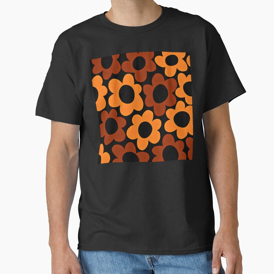 Retro 1960s Orange And Chocolate Hippie Flower Pattern Classic T-Shirt