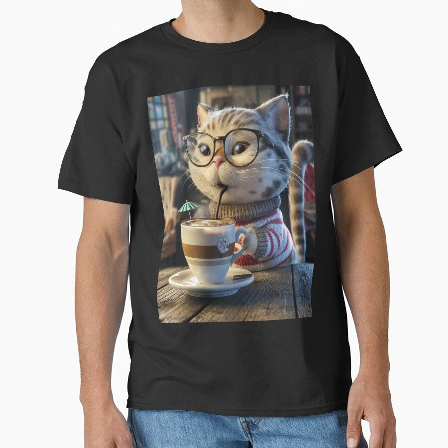 cute Cat with sunglasses Drink coffee Classic T-Shirt