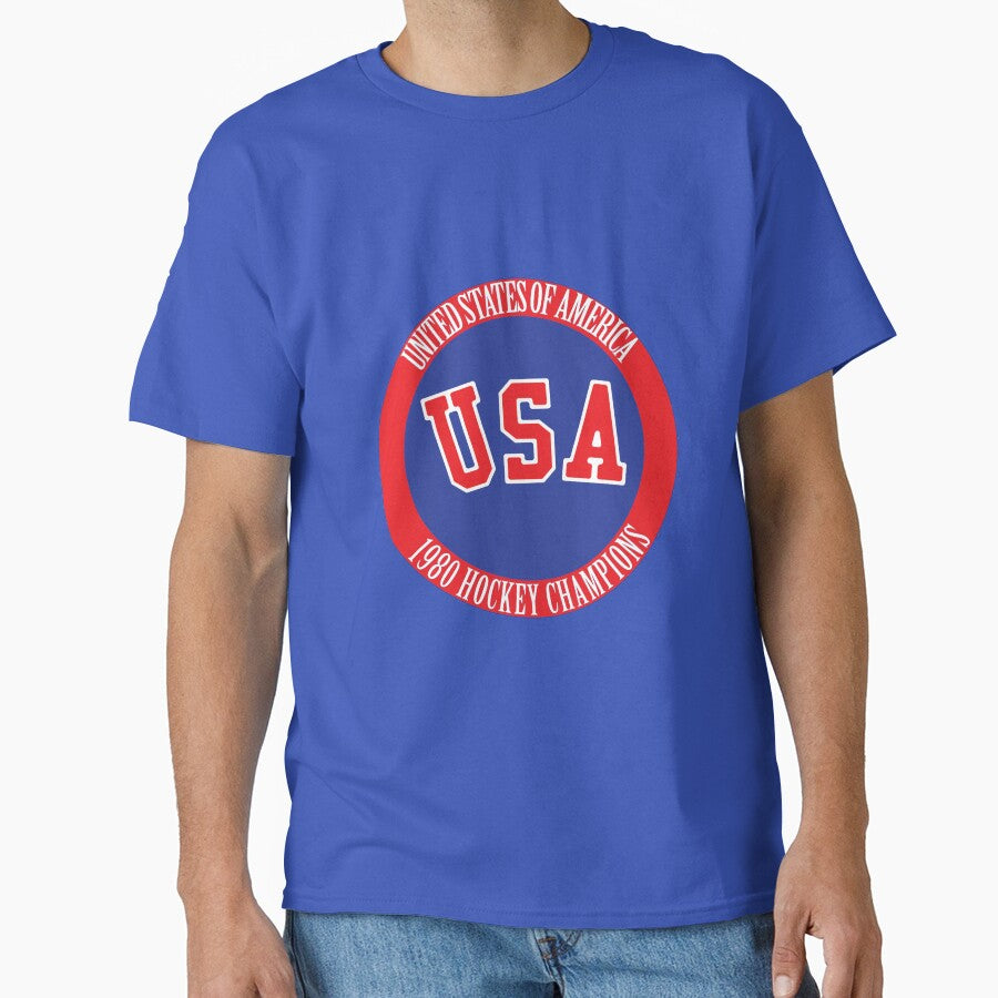 American Fourth of July Celebration. Funny Father's Day gift for Hockey Dads.1980 USA Hockey Champions Logo. Classic T-Shirt